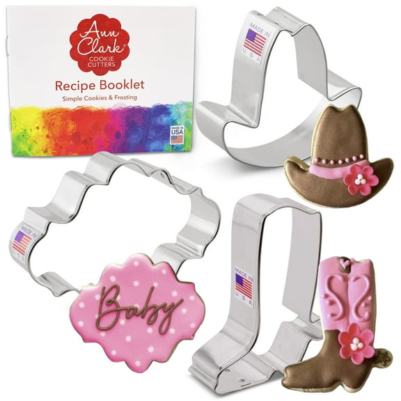 Cowboy/Cowgirl Cookie Cutters 3-Pc. Set Made in the USA by Ann Clark, Cowboy Hat, Cowboy Boot, and Oval Plaque