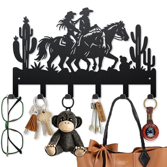 Cowboy Cowgirl Horse-Riding Metal Key Hooks 15.79.8 Inch Western Desert Wall Mounted Hook Hangers Black Cactus Key Holder with 6 Hooks for Kitchen