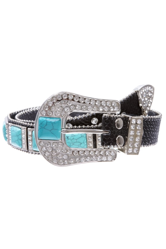 Cowboy Cowgirl Western Rhinestone Leather Belt with Big Turquoise Stone Concho