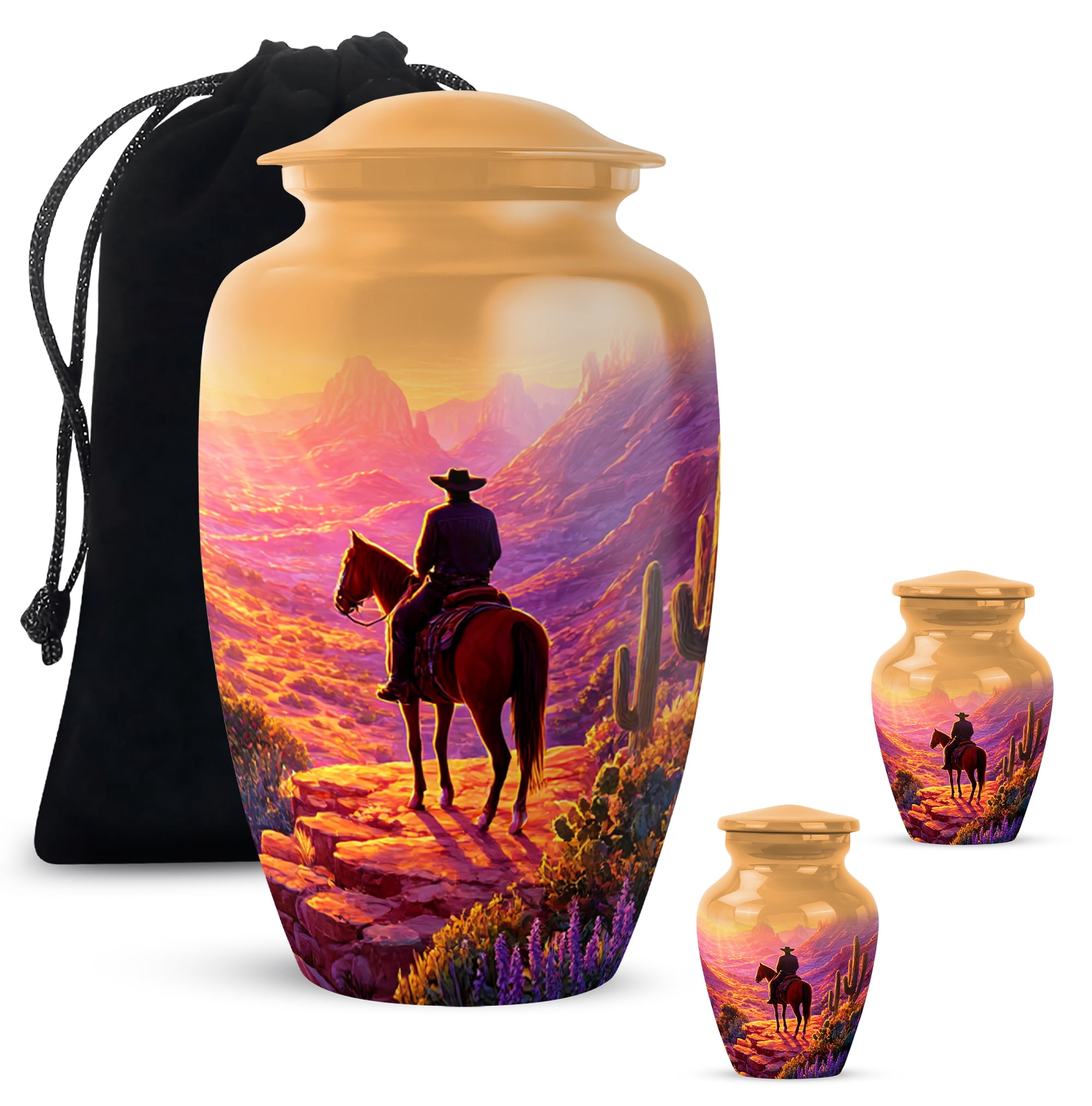 Cowboy Cremation Urns For Ashes Adult Male, Large And 2 Mini Keepsake Urns, Horse Rider Funeral Memorial Urn, Small Urn For Human Ashes Keepsake (Size 10 Inch 1 Pcs & Size 3 Inch, 2 Pcs)