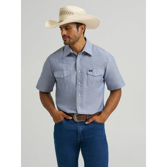Cowboy Cut® Firm Finish Denim Short Sleeve Work Western Shirt, Color: Chambray, Size: M