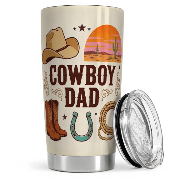 Cowboy Dad Desert Icons 20oz Tumbler, Cowboy Dad Tumbler, Ranch Style Drinkware, Brown Lettering With Hat Boots Horseshoe Rope Cactus Sunset And Stars, Western Theme, Ranch Fathers