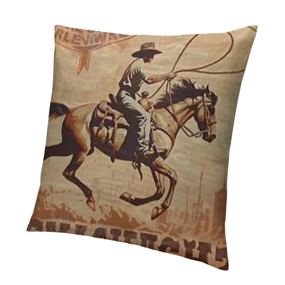 Cowboy Decoration Throw Pillow Cushion Covers Rodeo Poster with a Cowboy Sitting on a Rearing Horse in Retro Style Decorator Funny Pillows for Sofa Home Decor Couch Pillow Case