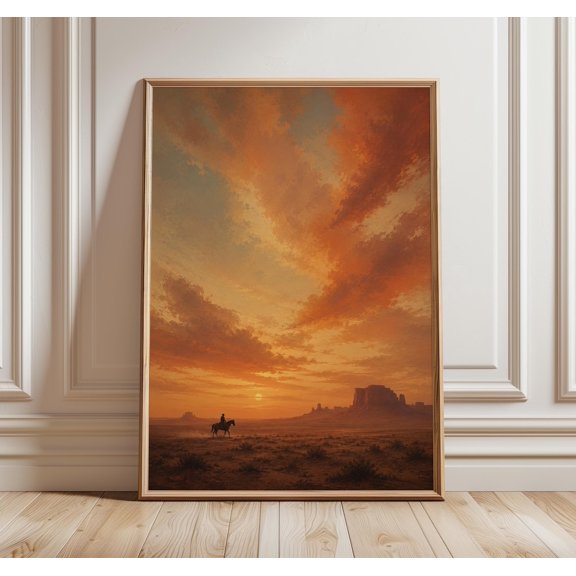 Cowboy Desert Sunset Wall Art, Western Horse Rider Print, Southwestern Ranch House Decor, Terracotta Landscape, Poster Only
