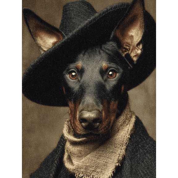 Cowboy Doberman Canvas Print, Western Dog Portrait, Rustic Farmhouse Wild West Wall Decor