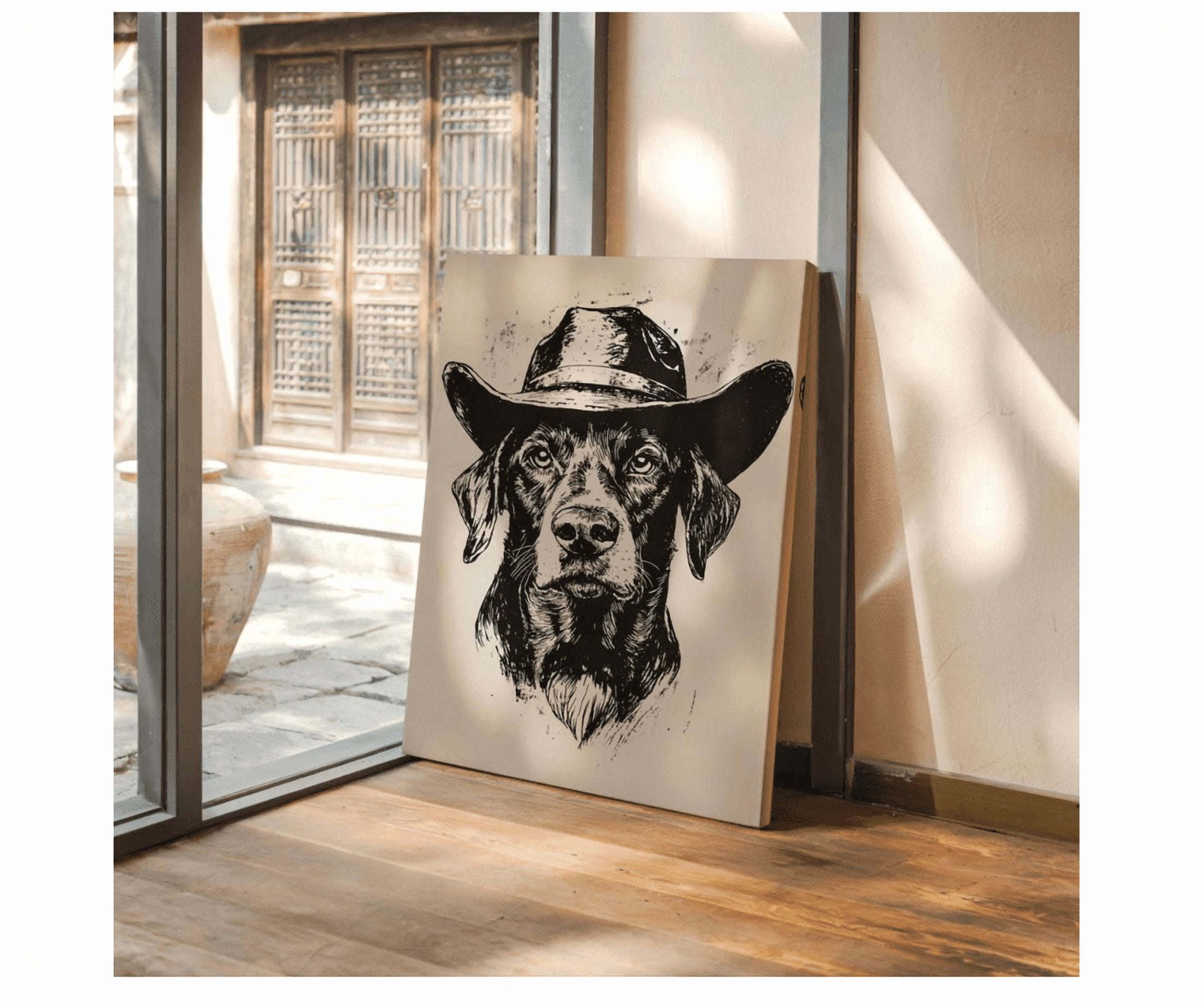 Cowboy Dog Wall Art Western Ranch Canine Print Black And White Rustic ...