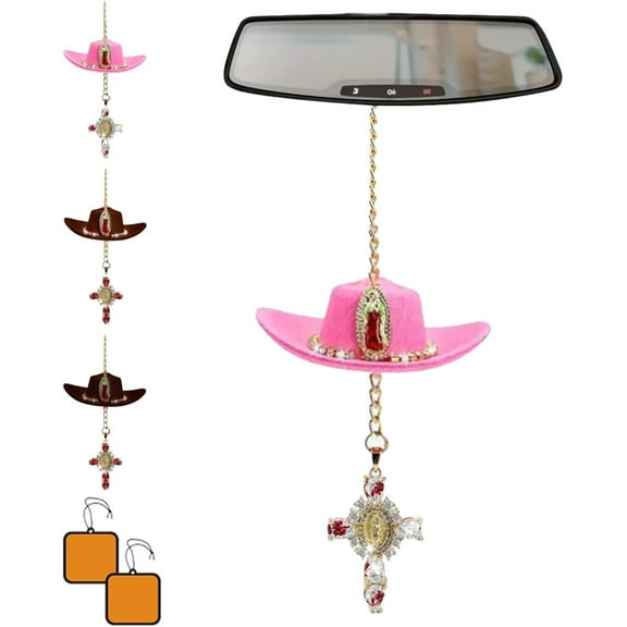 Cowboy Faith Rearview Charm, Cowboy Hat Virgin Mary Car Charm Personalized Rearview Accessory, Country Rear View Mirror Hanging Ornament, Universal Auto Interior Accessories for All Cars(pink)