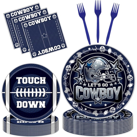 Cowboy Football Party Decorations - 96 Pcs Blue Cowboy American Rugby Tableware Set, Game Day Disposable Paper Plate Napkin Fork, Sports Birthday Party Supplies for Boys Men, Serves 24 Guests
