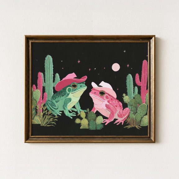 Cowboy Frog Print Whimsical Colorful Toad and Frog Wearing Cowboy Hats with Cacti Art Print