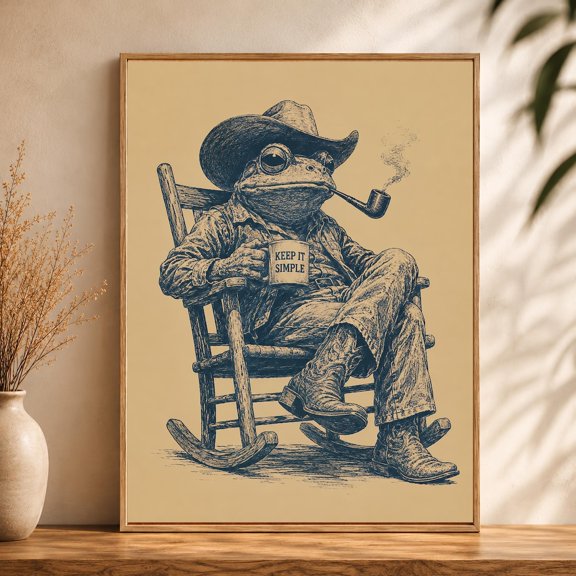 Cowboy Frog Wall Art Keep It Simple Western Toad Print Rocking Chair Decor Rustic Farmhouse Animal Artwork Porch, Unframed Paper Print