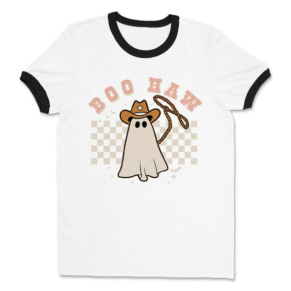 Cowboy Ghost Boo Haw Ringer Tee Shirt Unisex Large White/Black