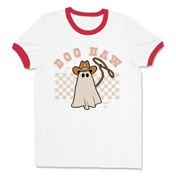 Cowboy Ghost Boo Haw Ringer Tee Shirt Unisex Large White/Red