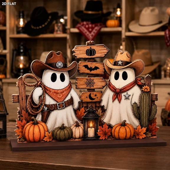 Cowboy Ghost Couple Wooden Block Decor, Western Halloween Shelf Sitter, Cute Spooky Season Decor, Rustic Fall Gift