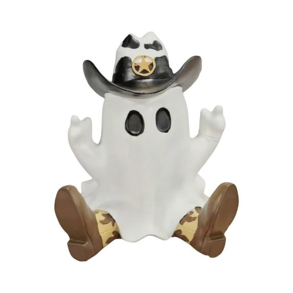 Cowboy Ghost Figurine Halloween Decoration – Ceramic Sheriff Ghost Ornament with Hat and Boots for Home Tabletop Display