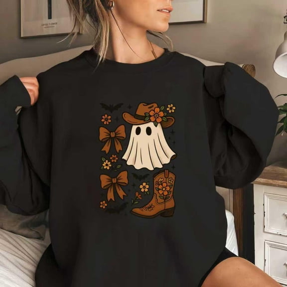 Cowboy Ghost Halloween Sweatshirt Western Boot Floral Bows Design Round-neck long-sleeved Black S-3XL