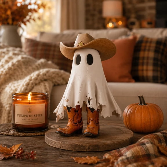 Cowboy Ghost Halloween Tabletop Decor, Western Spooky Cute Figurine for Shelf, Mantel & Tiered Tray, 6.3 in