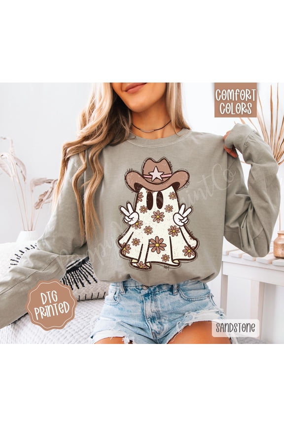 Cowboy Ghost Long Sleeve TShirt, Trendy Women's season Tee, Western season Sweatshirt, Cute Ghost Shirt, Country Girl season Tee All Size S-5Xl