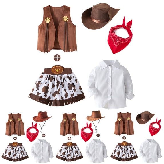 Cowboy Girls 5 Piece Outfit Long Sleeve Shirt Sleeveless Cardigan Vest with Denim Skirt Hat Western Kids Clothes Set Brown Size 5-6 Y