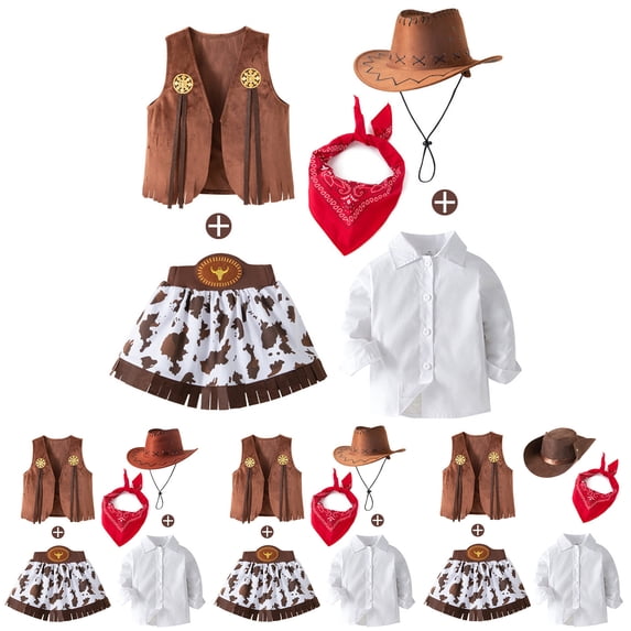 Cowboy Girls 5 Piece Outfit Long Sleeve Shirt Sleeveless Cardigan Vest with Denim Skirt Hat Western Kids Clothes Set Khaki Size 2-3 Y