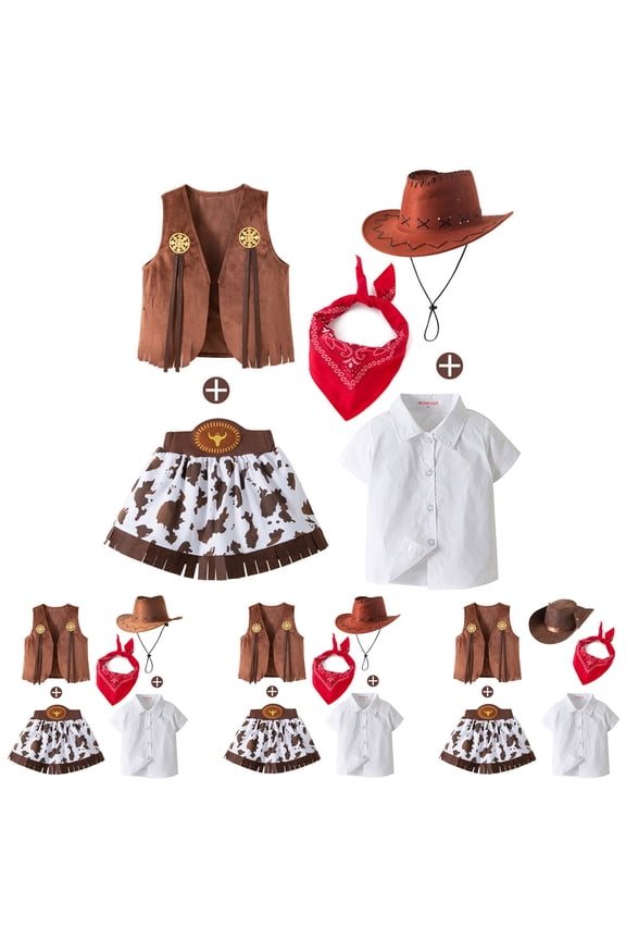 Cowboy Girls 5 Piece Outfit Short Sleeve Shirt Sleeveless Cardigan Vest with Denim Skirt Hat Western Kids Clothes Set Brick Red Size 5-6 Y