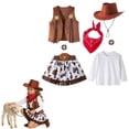 thumbnail image 1 of Cowboy Girls 5 Piece Outfit Short Sleeve Tees Sleeveless Cardigan Vest with Denim Skirt Hat Western Kids Clothes Set Brick Red2 Size 4-5 Y, 1 of 9