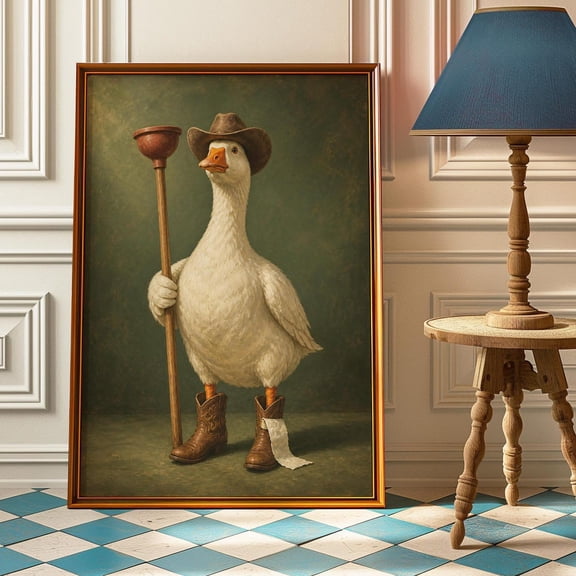 Cowboy Goose Bathroom Plunger Wall Art Western Duck Print Whimsical Toilet Half Bath Decor Bathroom Gift