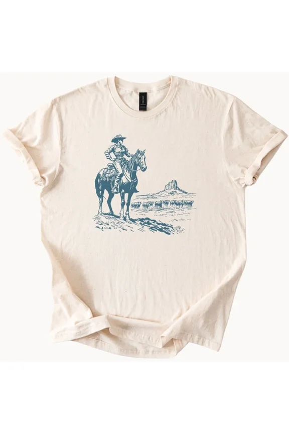 Cowboy Graphic T Shirt Western Horse Rider Cattle Herd Desert Ranch Tee Size S-5Xl Heygategoo Tee
