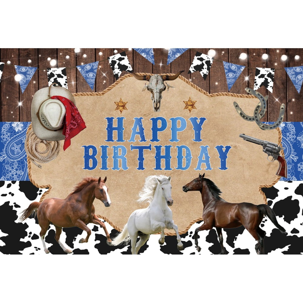 Cowboy Happy Birthday Backdrop Vintage Wooden Board Horse Guitar Hat