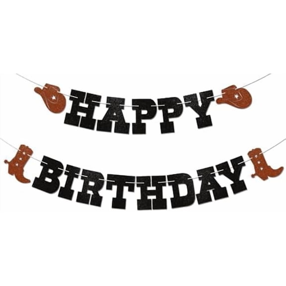 Cowboy Happy Birthday Banner - Western Birthday Party Sign for Cowboy Cowgirl, Horse Racing Party Decor, Rodeo Theme Birthday Decorations Black & Brown Glitter