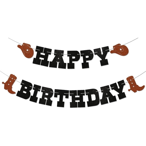 Cowboy Happy Birthday Banner - Western Birthday Party Sign for Cowboy Cowgirl, Horse Racing Party Decor, Rodeo Theme Birthday Decorations Black & Brown Glitter