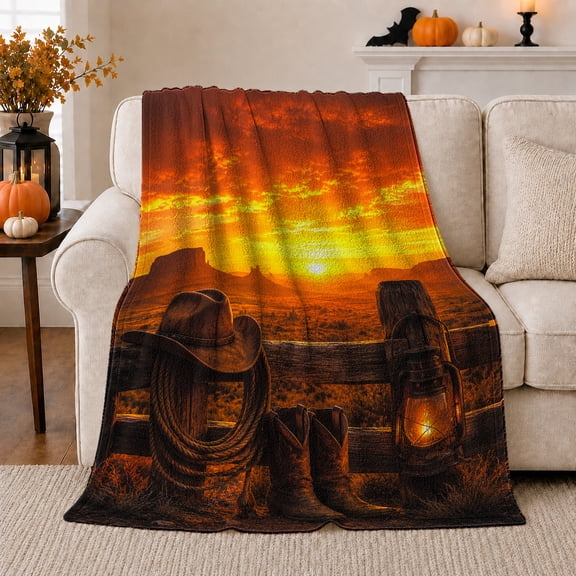 Cowboy Hat Boots and Sunset Fence, Rustic Western Style for Cowboy Fans, Ranch Horizon Still Life and Father's Day Gift, Soft Flannel Blanket for Cabin and Ranch House, Home Decor