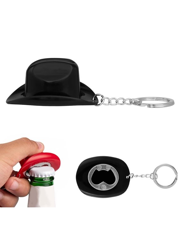 Cowboy Hat Bottle Opener Keychain, Plastic, Western Hat Shape and Key Ring, Black for opening crown-cap beer and soda bottles