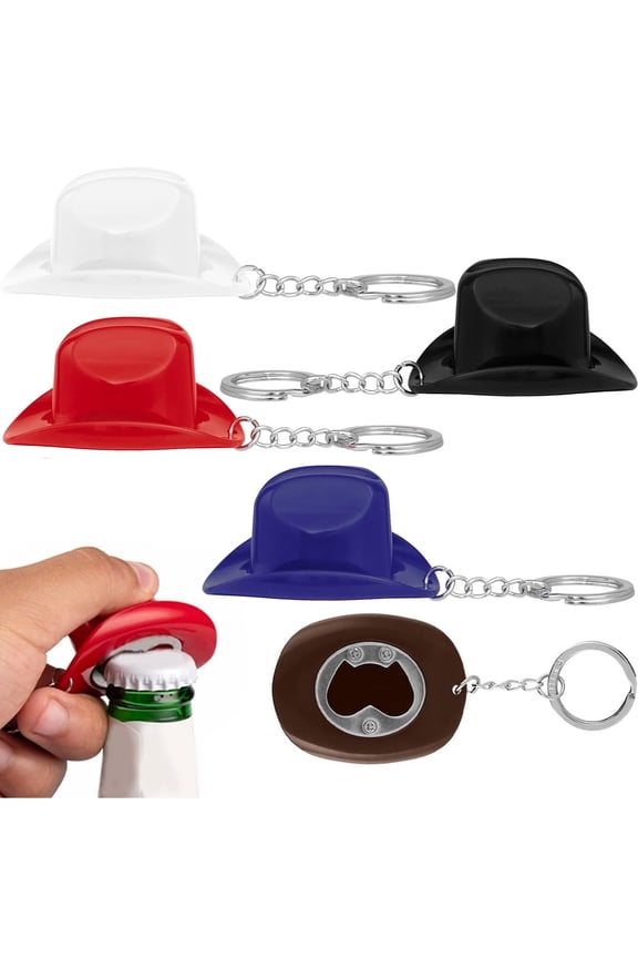 Cowboy Hat Bottle Opener Keychain, Western Rustic Beer Opener Made of ABS, Portable Keychain Cap Remover for Bar Parties, Travel and Themed Gifts for Older Women