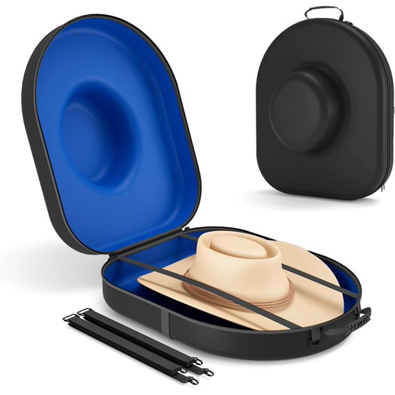 Cowboy Hat Box for Travel, Crush Proof Western Hat Holder Storage, Sleek Hat Travel Case for Fedora, Panama & Tweed Hats, with Handle, Luggage Strap and Adjustable Strap, Large, Blue