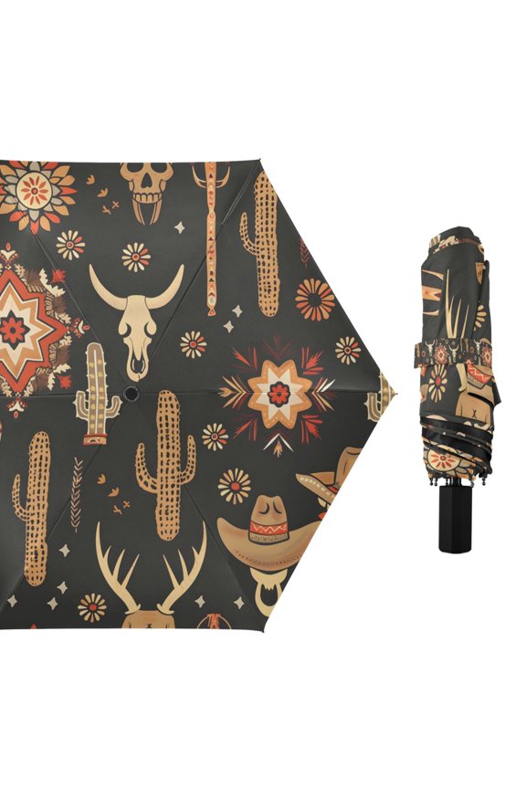 Cowboy Hat Cactus Cow Skull Compact Sun Umbrella Windproof Travel Umbrellas for Rain Strong Portable UV Protection