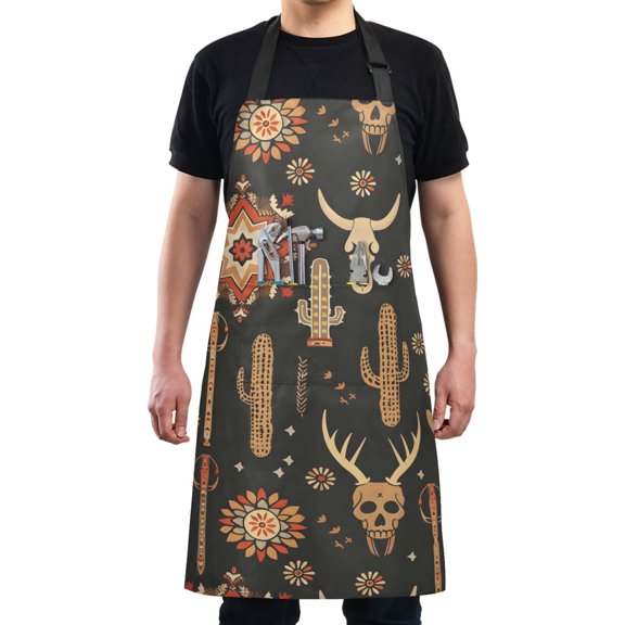 Cowboy Hat Cactus Cow Skull Kitchen Apron with 2 Pockets Adjustable waterproof Cooking Aprons for Women Men Chef
