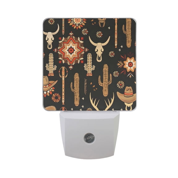 Cowboy Hat Cactus Cow Skull Night Light 2 Pack LED Nightlight Plug into Wall Dusk to Dawn Sensor Soft White