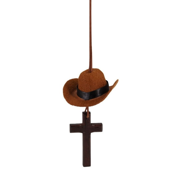 Cowboy Hat Car Charm, Rearview Mirror Felt Western Cowgirl Style Ornament with Cross, Cute Vehicle Interior Mirror Pendant Mini Hanging Decor for Men Women, Car Accessories (Brown)