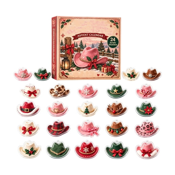 Cowboy Hat Christmas Advent Calendar, 24 Days Western Flat Acrylic Tree Hanging Ornaments Blind Box for Xmas & Fireplace Decor Gift for Cowgirl Lovers