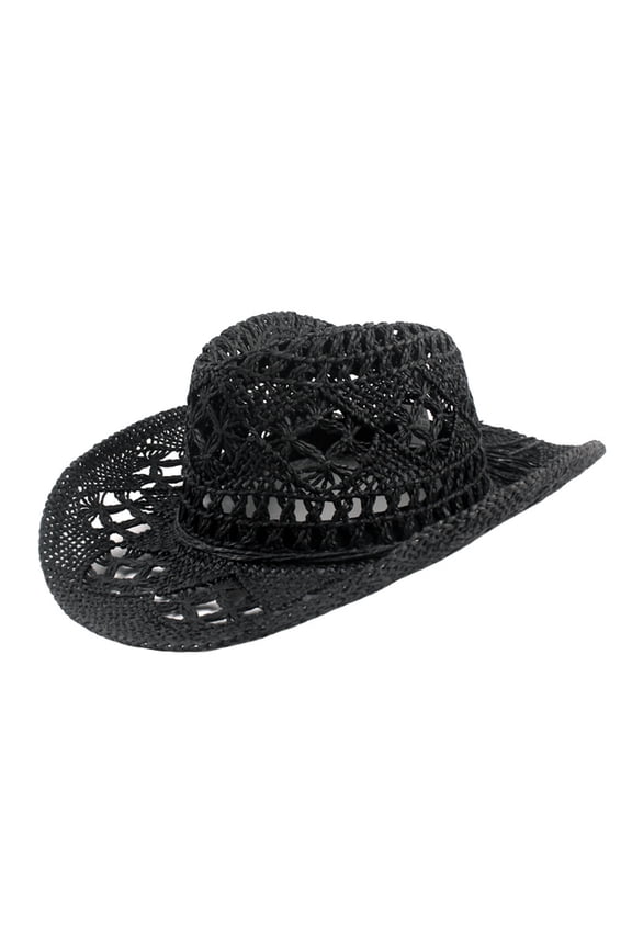 Cowboy Hat Classic Vintage Hollow Out Unisex Curled Edge Wide Brim Men Sun Hat Fishing Hat-Black