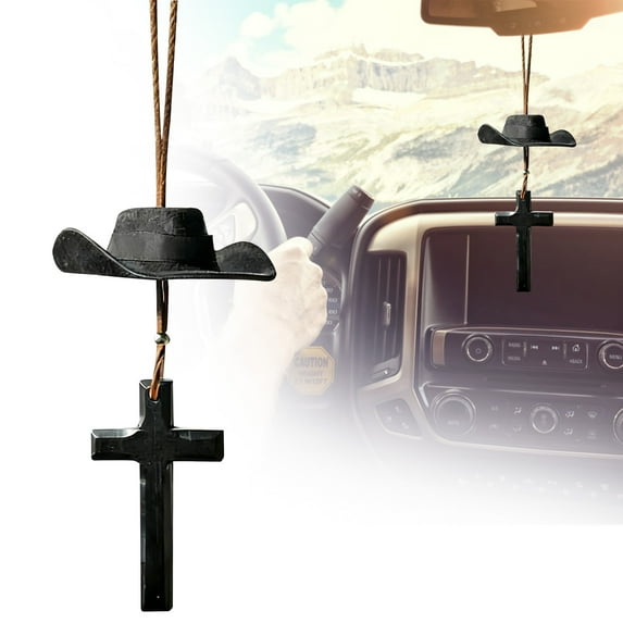 Cowboy Hat & Cross Car Charm, Rustic Cross & Cowboy Hat Ornament, Cowboy Boot Interior Pendant, Western Car Decor Charm, Rear View Mirror Accessories,Black