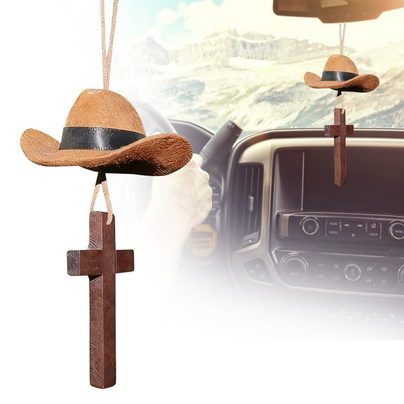 Cowboy Hat & Cross Car Charm, Rustic Cross & Cowboy Hat Ornament, Cowboy Boot Interior Pendant, Western Car Decor Charm, Rear View Mirror Accessories,Brown