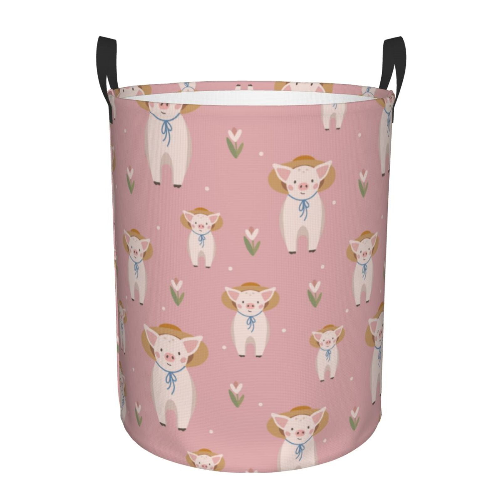 cowboy-hat-cute-pig-flowers-round-laundry-basket-laundry-hamper-with