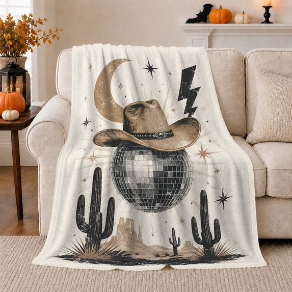 Cowboy Hat on Disco Ball with Cactus, Desert Party Style for Western Lovers, Moon Star Rodeo Scene and Housewarming Gift, Soft Flannel Blanket for Game Room and Sofa, Western Home Decor