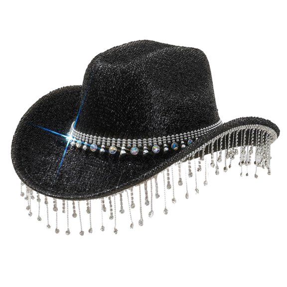 Cowboy Hat For Men And Women With Shiny 3D Round Gemstones Rhinestone Fringes Western Style Fashion Sun Hat For Outdoor Events