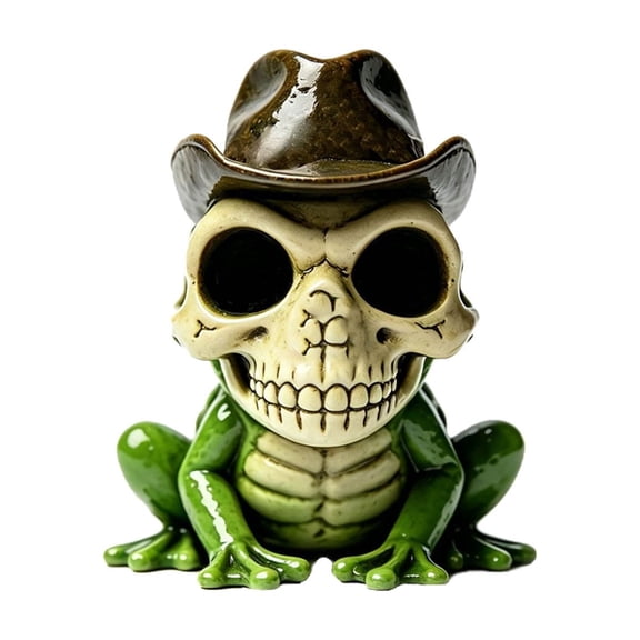 The Cowboy Hat Green Frog Toad Skull Head Figurine Small 3.94" H Bones Skeleton Collectible Decor Statue Gothic Amphibian Frogs Toads Themed Decorative Sculpture