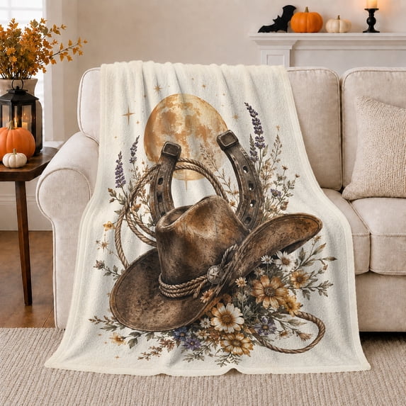 Cowboy Hat with Horseshoe and Moon, Boho Western Style for Cowgirl Lovers, Wildflower Rope Scene and Birthday Gift, Cozy Flannel Blanket for Bedroom and Sofa, Western Home Decor