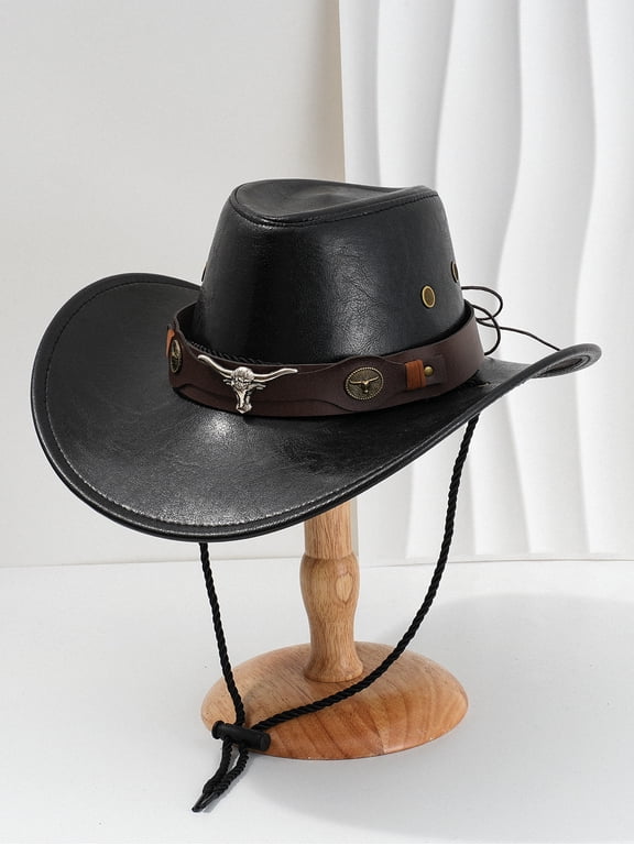Cowboy Hat Men Women 22-22.8 Inch - Distressed Wide Brim Western Hat with Chin Cord for Country Concerts & Rodeo Parties, Black