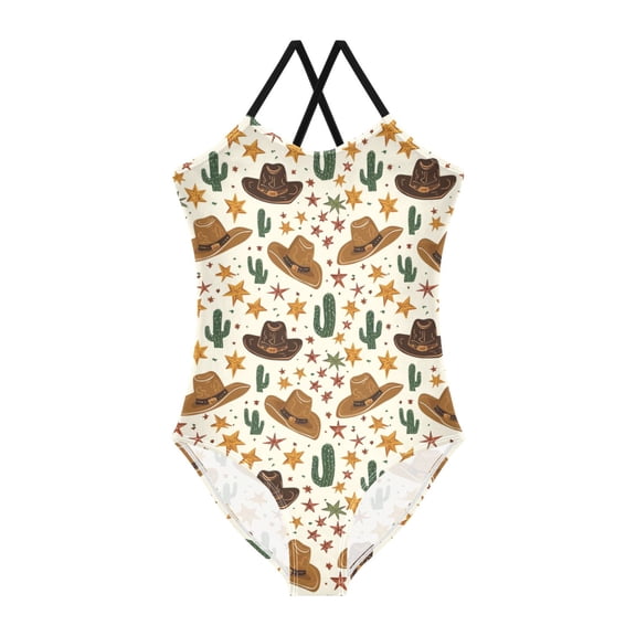 Cowboy Hat Pattern Girls' One-Piece Swimwear 3T-10T Soft Stretchy for Beach Pool Water Park