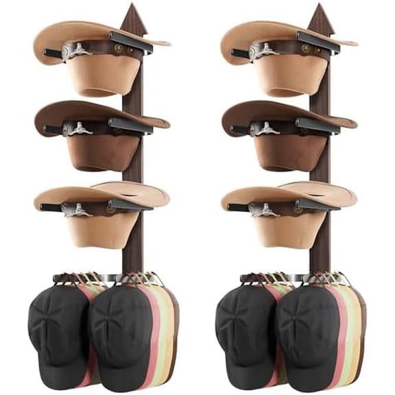 Cowboy Hat Rack for Wall, Cowboy Hat Holder Wall Mount Holds up to 4 Hats, Wooden Western Rustic Metal Hat Hanger with Arrow Sign Board, Hat Organizer for Cowboyhat, Fedora,Sun Hats 2 Pack
